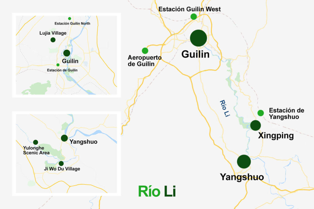 Mapa del río Li: Guilin Yangshuo y Xingping 