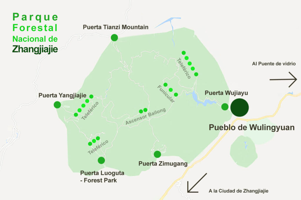 Mapa del Parque forestal nacional de Zhangjiajie